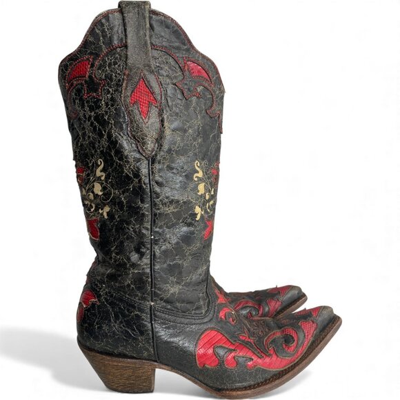 Corral Lizard Leather Western Cowgirl Black Red Boots Women's 9 - Picture 2 of 14